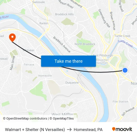 Walmart + Shelter (N Versailles) to Homestead, PA map