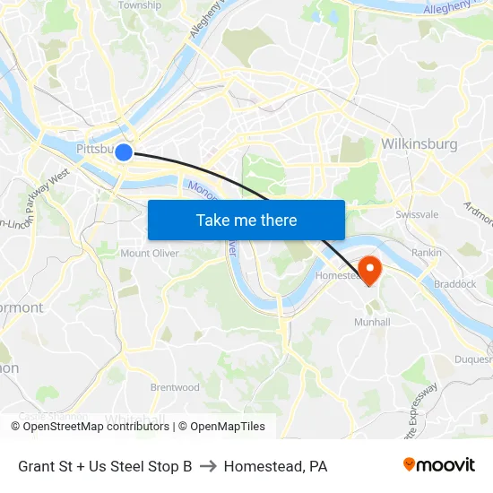 Grant St + Us Steel Stop B to Homestead, PA map