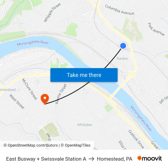 East Busway + Swissvale Station A to Homestead, PA map