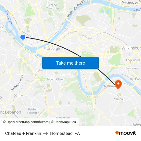 Chateau + Franklin to Homestead, PA map