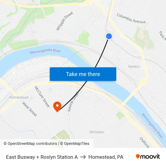 East Busway + Roslyn Station A to Homestead, PA map