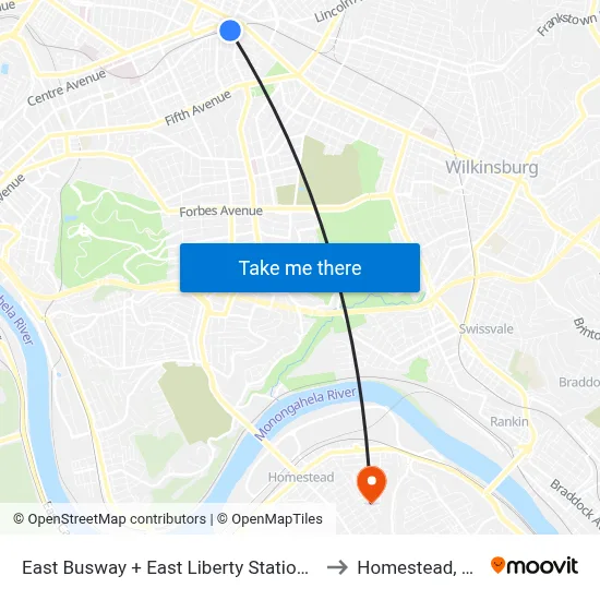 East Busway + East Liberty Station B to Homestead, PA map