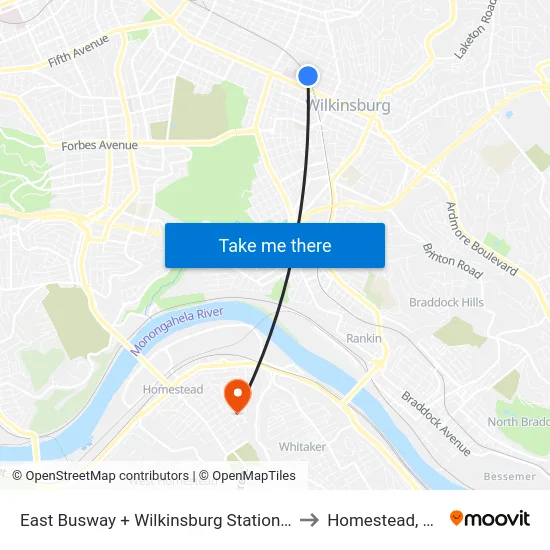 East Busway + Wilkinsburg Station B to Homestead, PA map