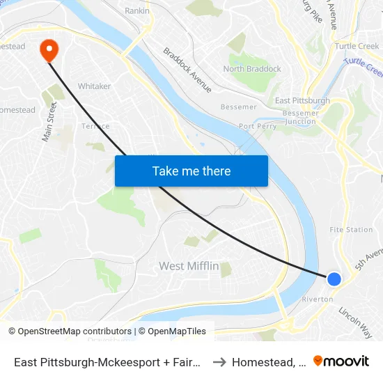 East Pittsburgh-Mckeesport + Fairmont to Homestead, PA map