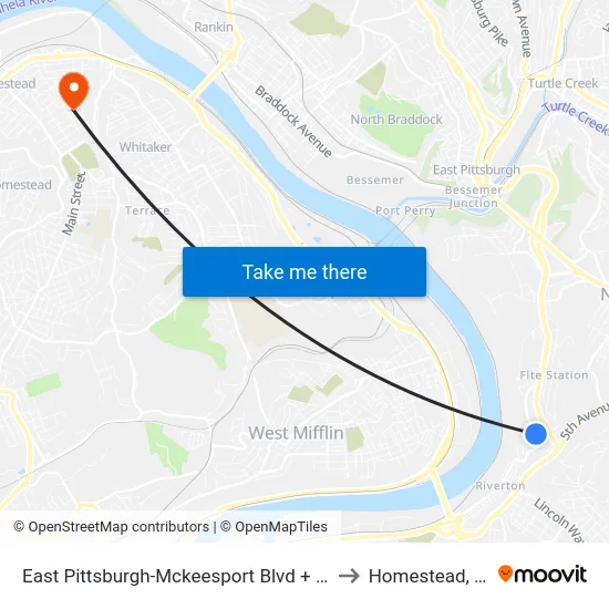 East Pittsburgh-Mckeesport Blvd + Ault to Homestead, PA map