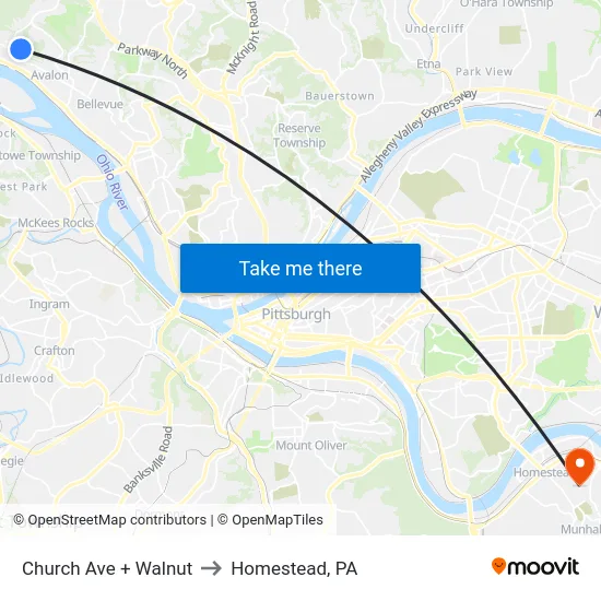 Church Ave + Walnut to Homestead, PA map