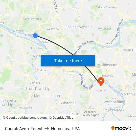 Church Ave + Forest to Homestead, PA map