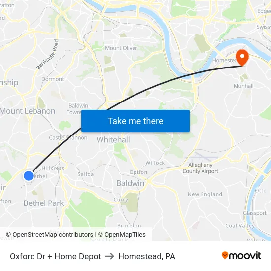 Oxford Dr + Home Depot to Homestead, PA map