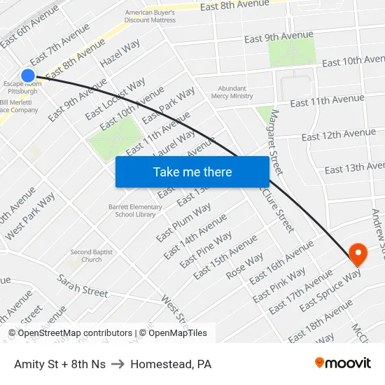 Amity St + 8th Ns to Homestead, PA map