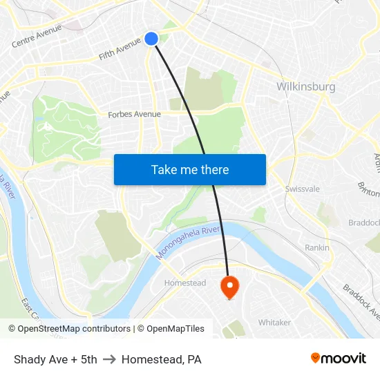 Shady Ave + 5th to Homestead, PA map