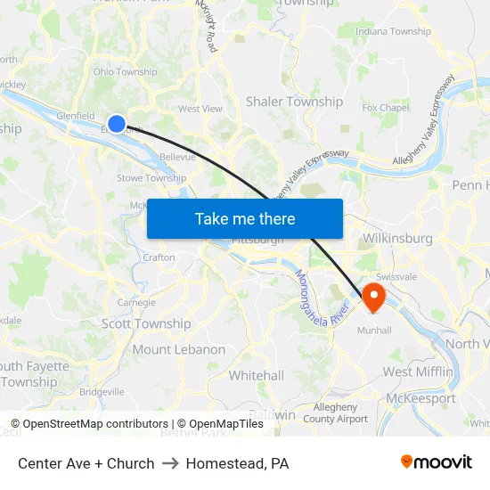 Center Ave + Church to Homestead, PA map
