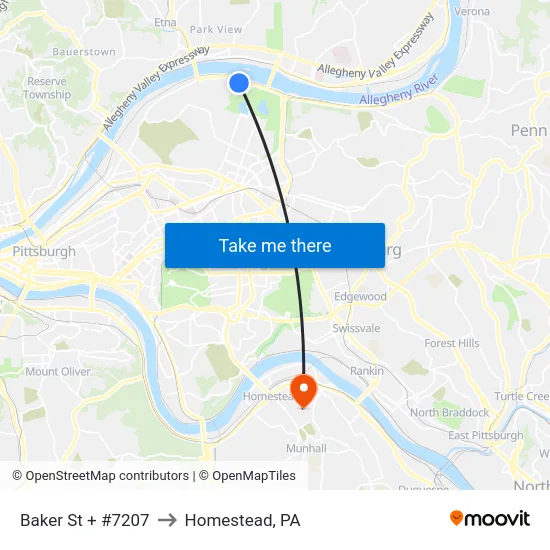 Baker St + #7207 to Homestead, PA map