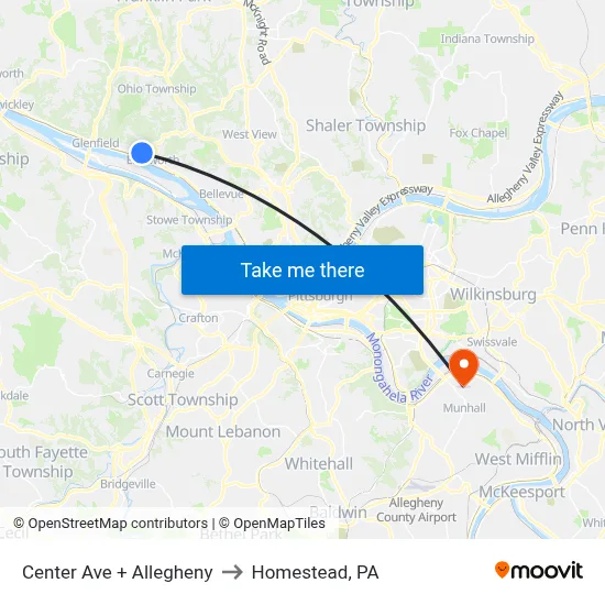 Center Ave + Allegheny to Homestead, PA map