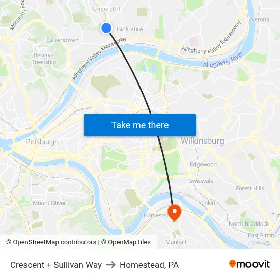 Crescent + Sullivan Way to Homestead, PA map