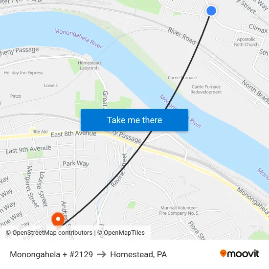 Monongahela + #2129 to Homestead, PA map
