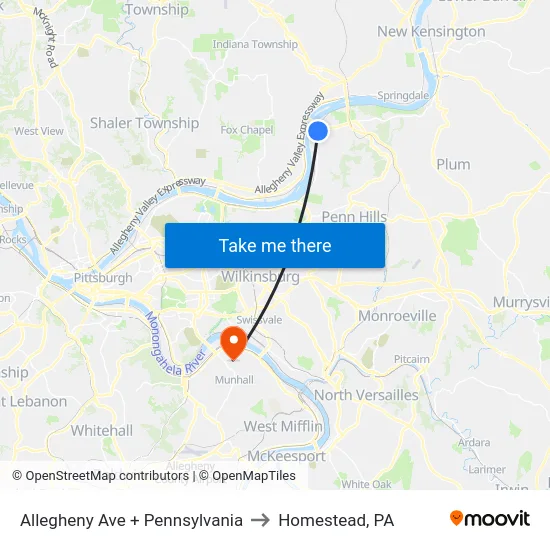 Allegheny Ave + Pennsylvania to Homestead, PA map