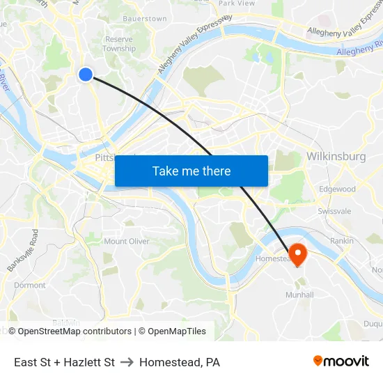 East St + Hazlett St to Homestead, PA map