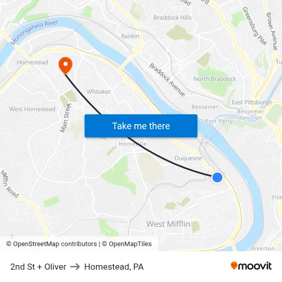 2nd St + Oliver to Homestead, PA map