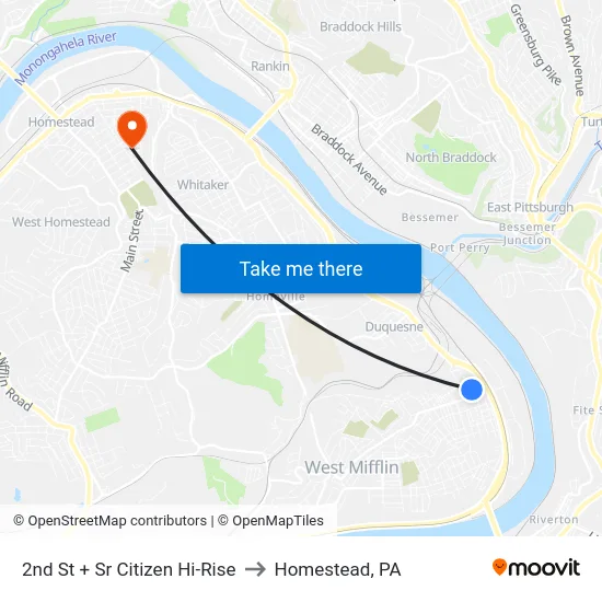 2nd St + Sr Citizen Hi-Rise to Homestead, PA map