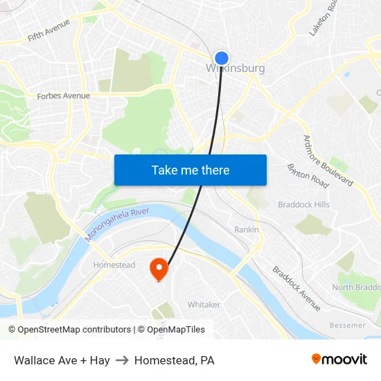 Wallace Ave + Hay to Homestead, PA map