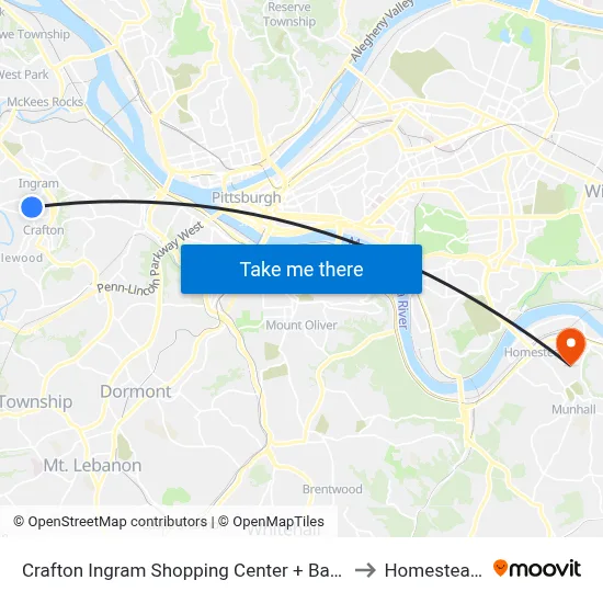 Crafton Ingram Shopping Center + Bank (Citizens) to Homestead, PA map