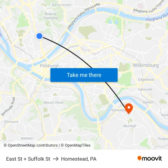 East St + Suffolk St to Homestead, PA map