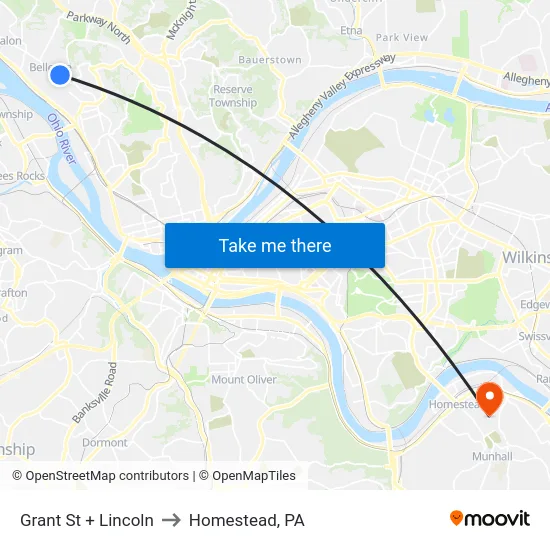 Grant St + Lincoln to Homestead, PA map