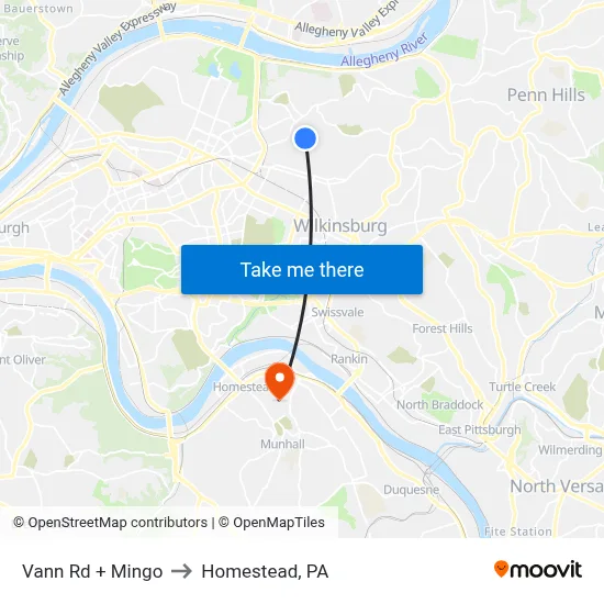Vann Rd + Mingo to Homestead, PA map