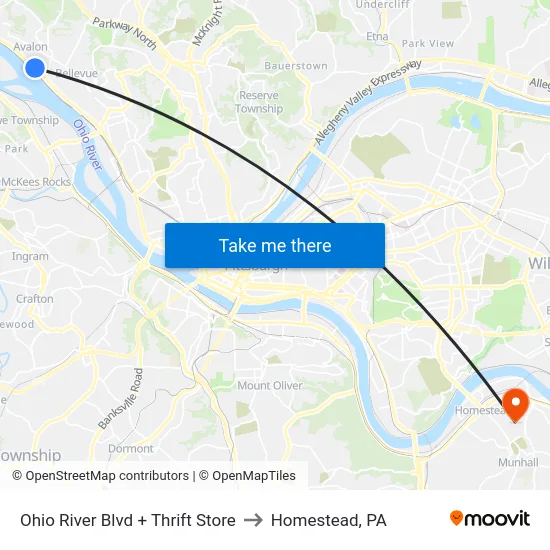 Ohio River Blvd + Thrift Store to Homestead, PA map