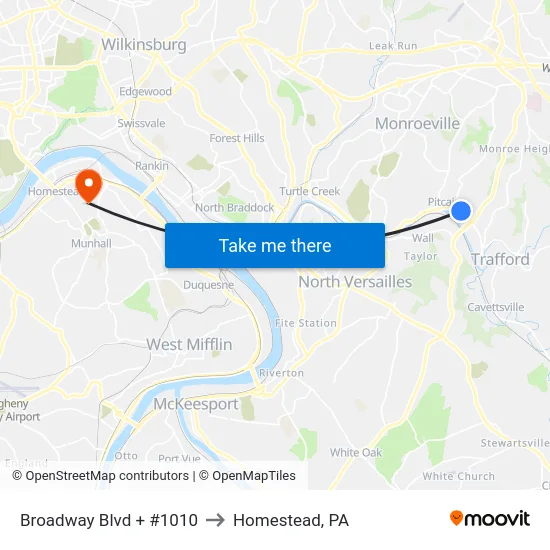 Broadway Blvd + #1010 to Homestead, PA map