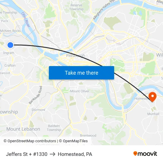 Jeffers St + #1330 to Homestead, PA map