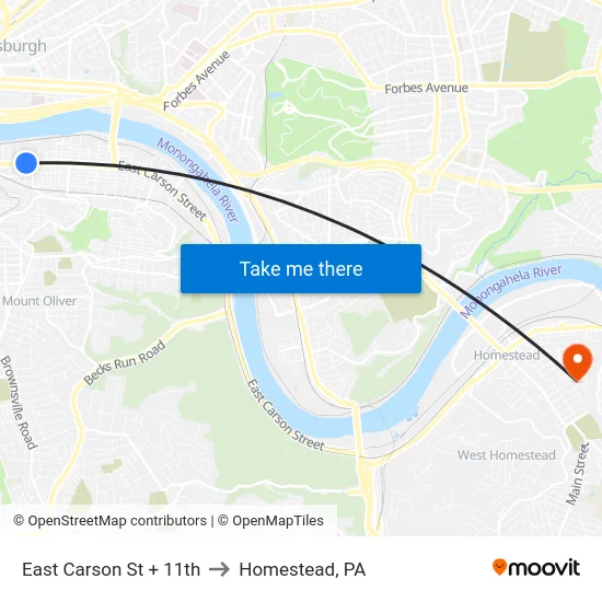 East Carson St + 11th to Homestead, PA map