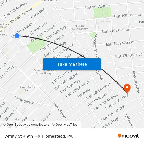 Amity St + 9th to Homestead, PA map
