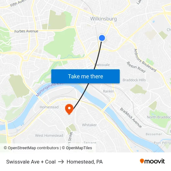 Swissvale Ave + Coal to Homestead, PA map