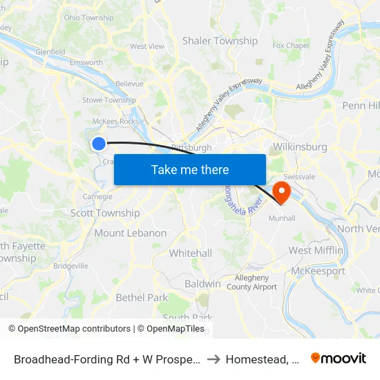 Broadhead-Fording Rd + W Prospect to Homestead, PA map