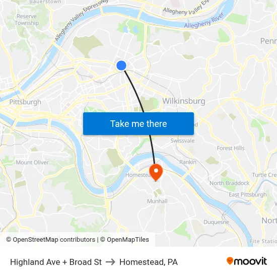 Highland Ave + Broad St to Homestead, PA map