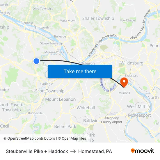 Steubenville Pike + Haddock to Homestead, PA map