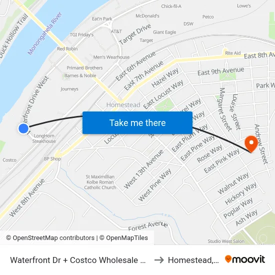 Waterfront Dr + Costco Wholesale Drvwy to Homestead, PA map