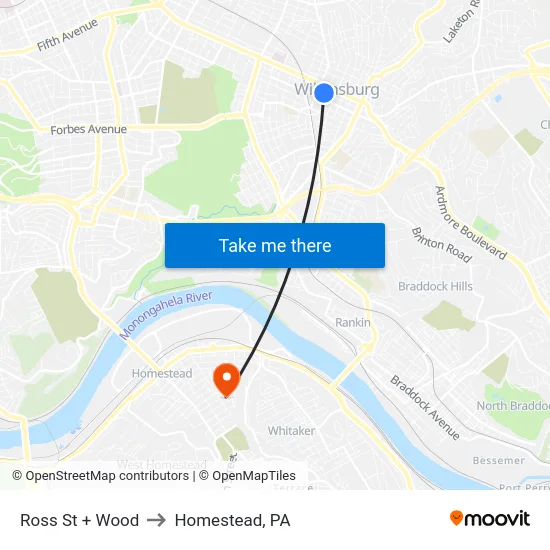 Ross St + Wood to Homestead, PA map