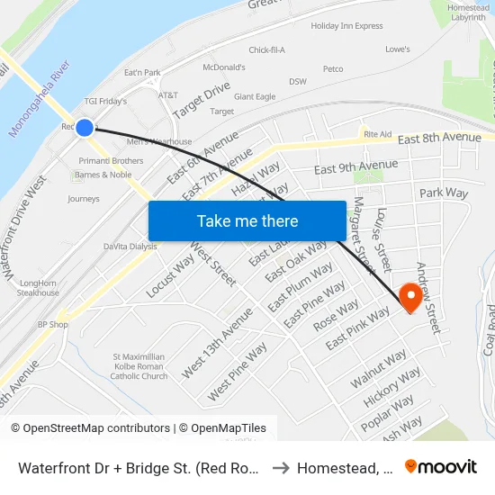 Waterfront Dr + Bridge St. (Red Robin) to Homestead, PA map