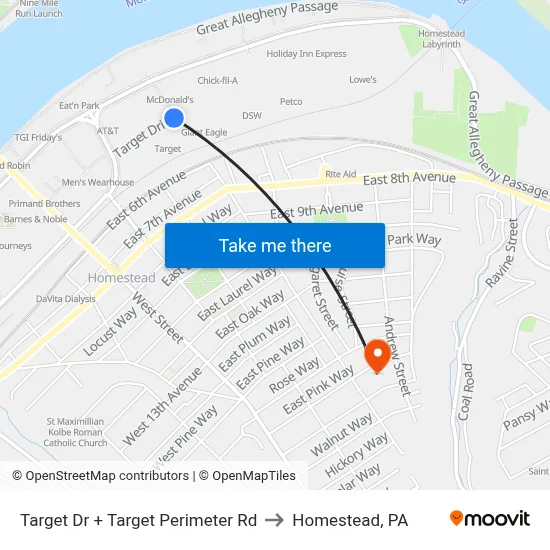 Target Dr + Target Perimeter Rd to Homestead, PA map