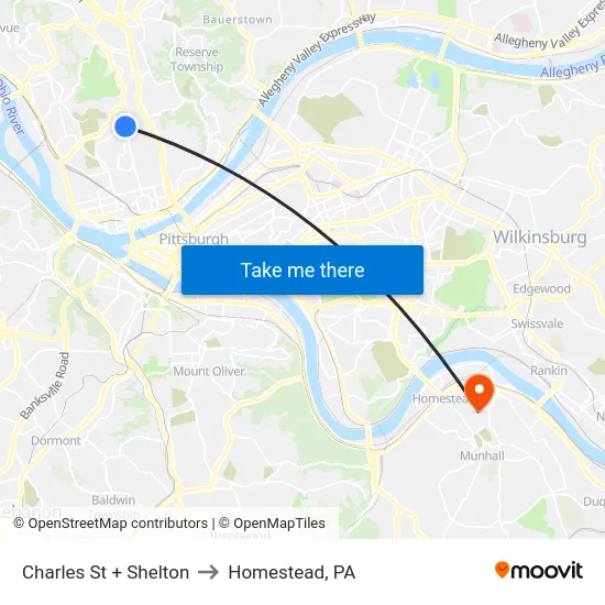 Charles St + Shelton to Homestead, PA map