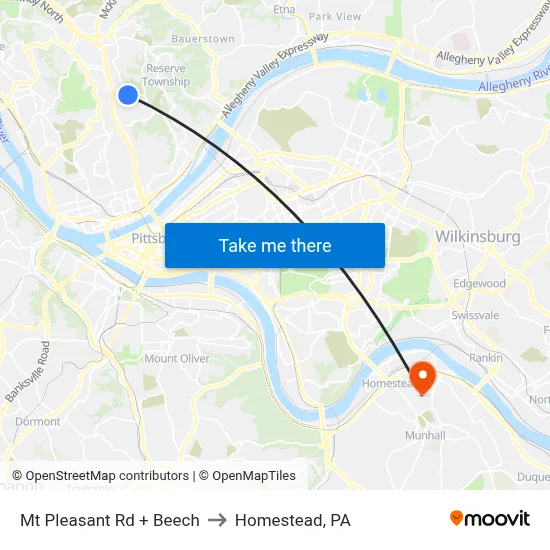 Mt Pleasant Rd + Beech to Homestead, PA map