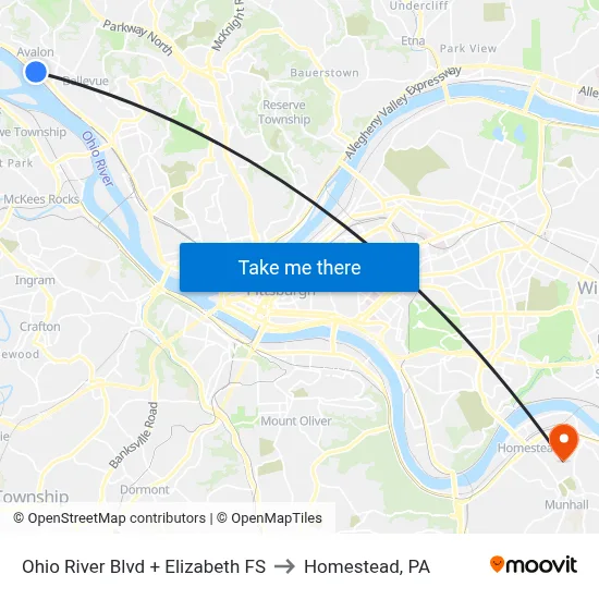 Ohio River Blvd + Elizabeth FS to Homestead, PA map
