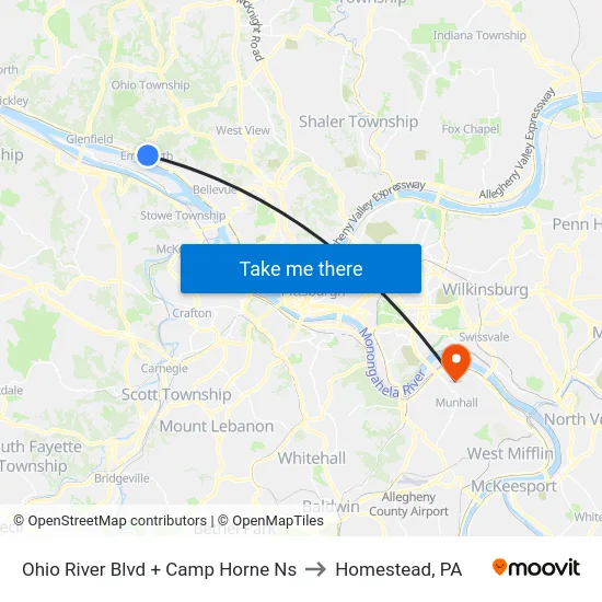 Ohio River Blvd + Camp Horne Ns to Homestead, PA map