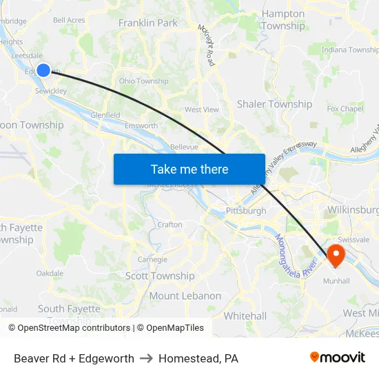 Beaver Rd + Edgeworth to Homestead, PA map