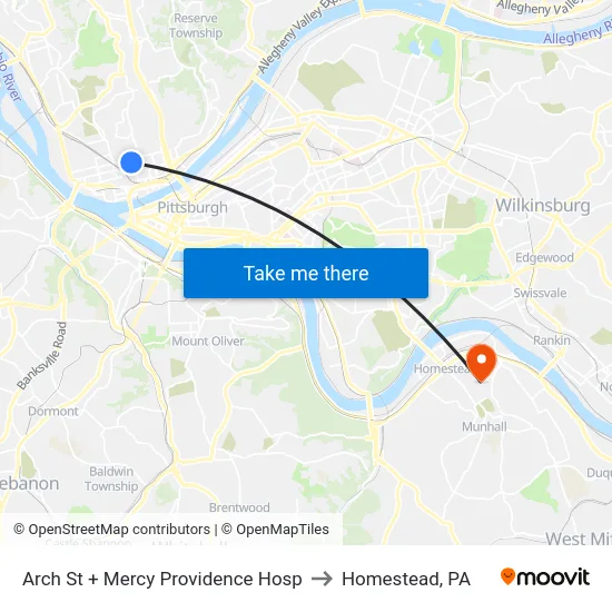 Arch St + Mercy Providence Hosp to Homestead, PA map