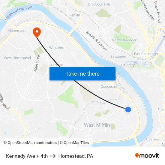 Kennedy Ave + 4th to Homestead, PA map