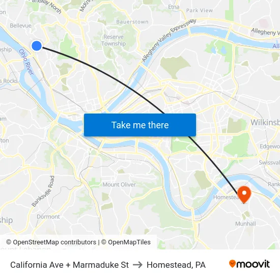 California Ave + Marmaduke St to Homestead, PA map
