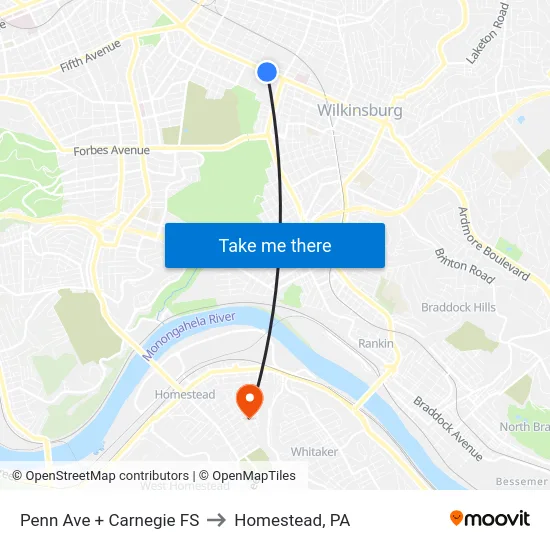 Penn Ave + Carnegie FS to Homestead, PA map